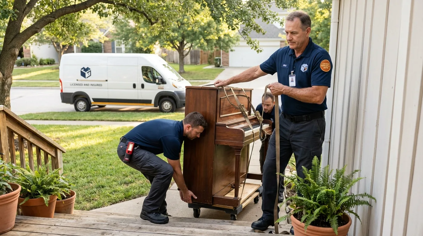 Licensed piano movers securing grand piano in Shelby, MS