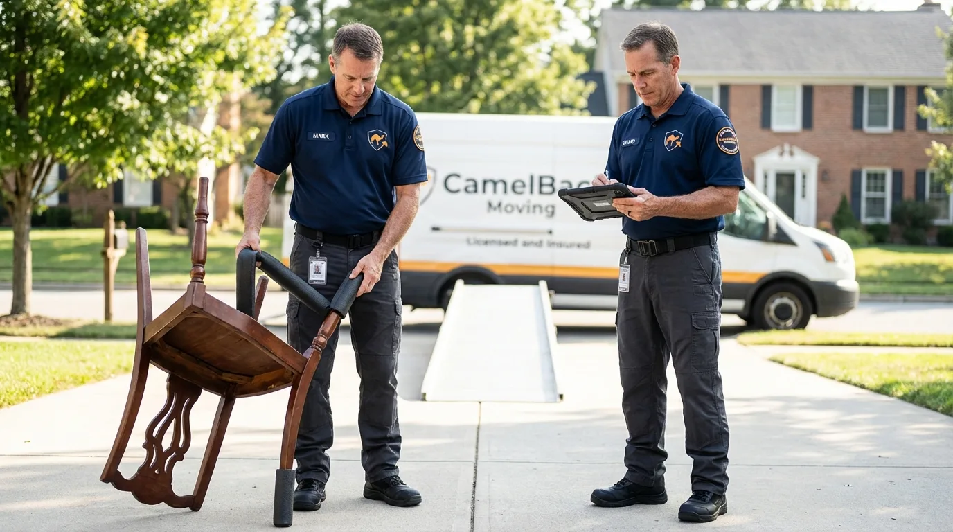 Movers inspecting furniture for damage prevention before loading in Shelby, MS