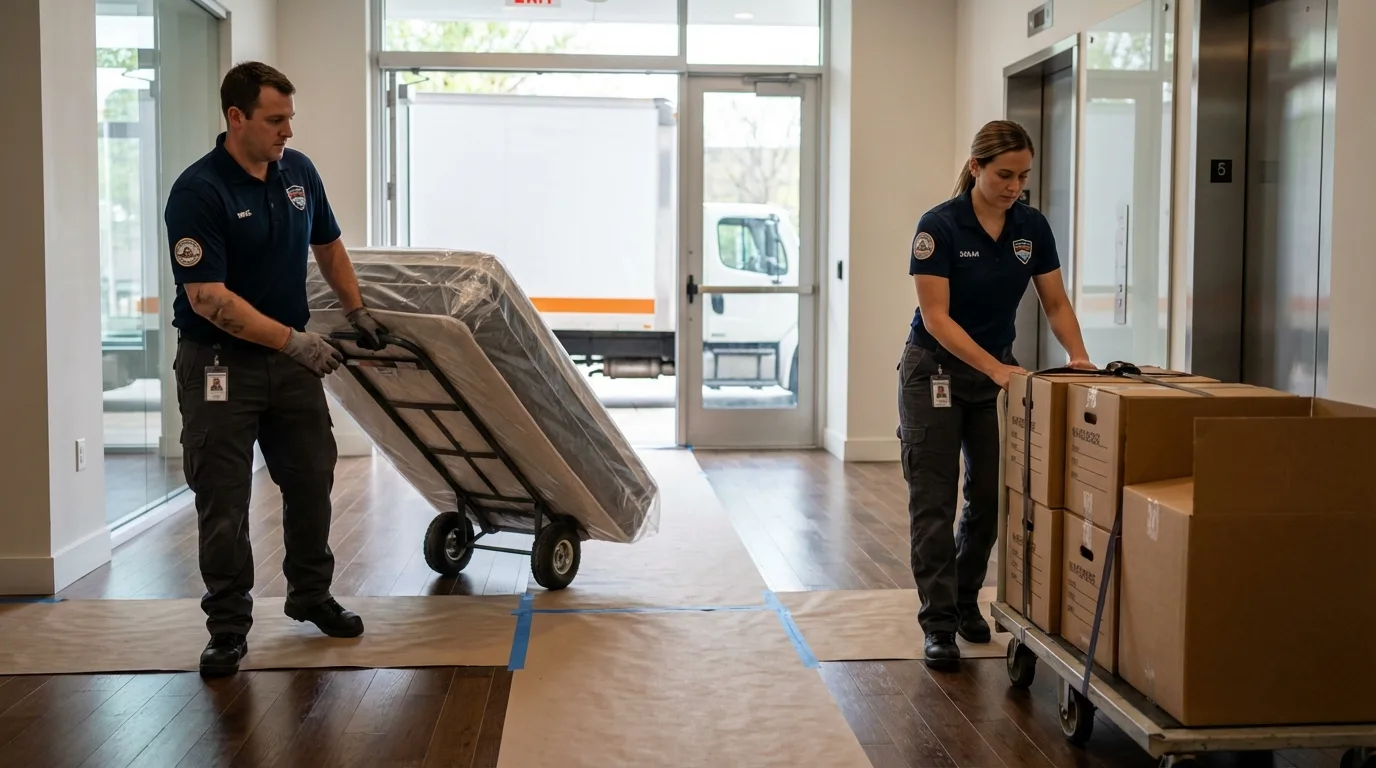 Professional apartment movers loading elevator in Shelby, MS