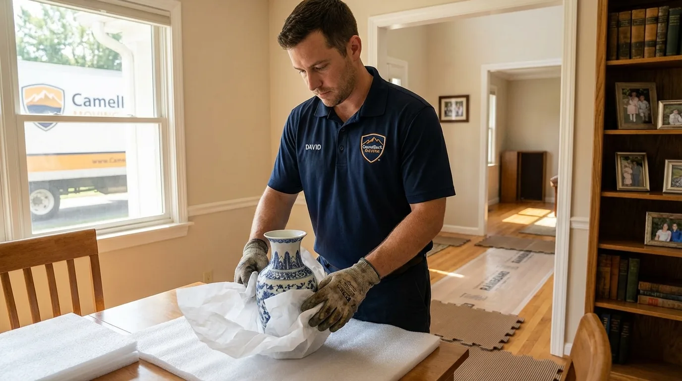 Professional crew carefully wrapping antique vase for senior downsizing move in Shelby, MS